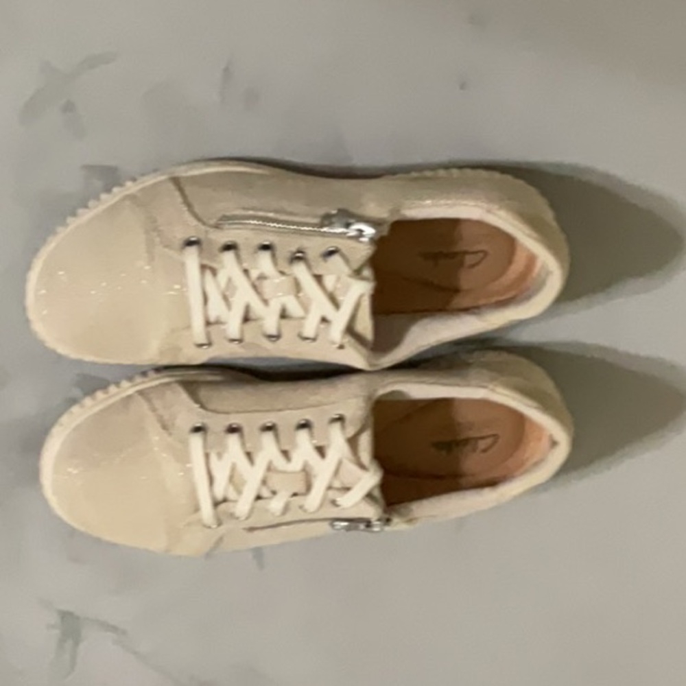 Clarks Beige Canvas Lace-Up Flats with Side Zipper
